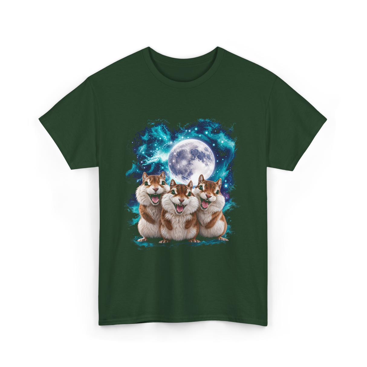 3 Squirrel Moon Squirrel Art T-Shirt - Forest Green