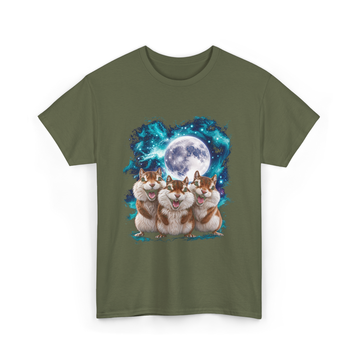 3 Squirrel Moon Squirrel Art T-Shirt - Military Green