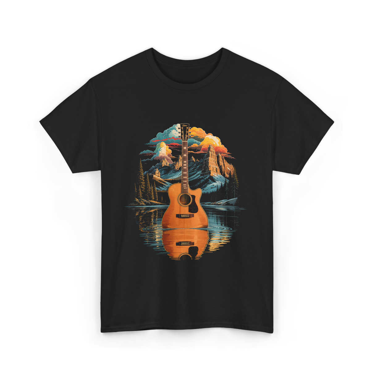 Acoustic Guitar Lake Landscape Guitar T-Shirt - Black