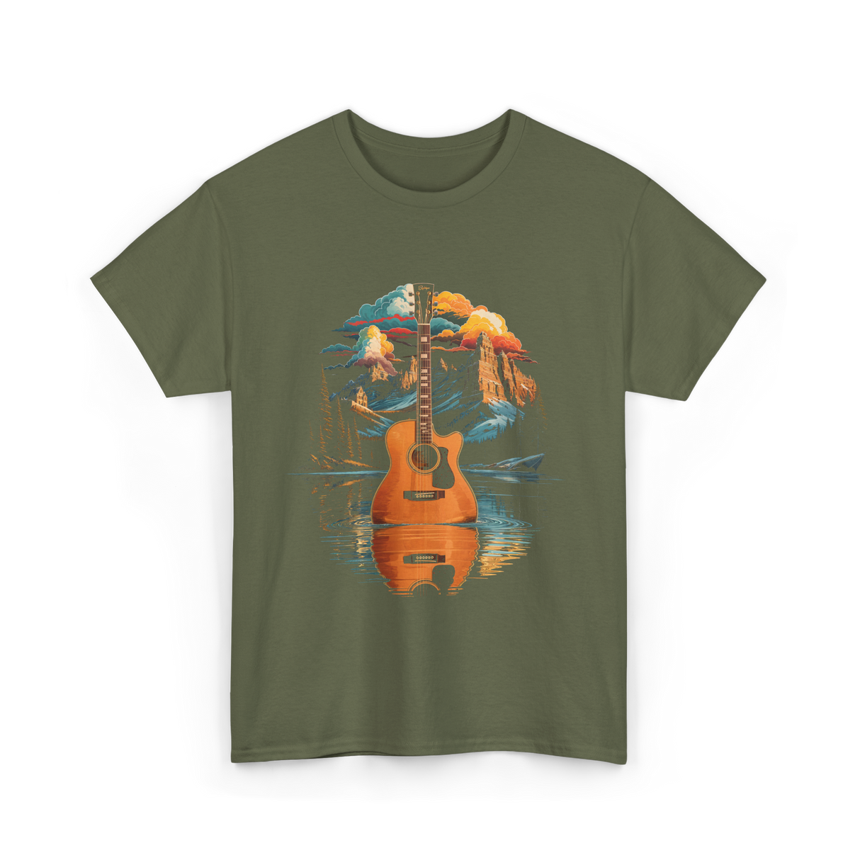 Acoustic Guitar Lake Landscape Guitar T-Shirt - Military Green