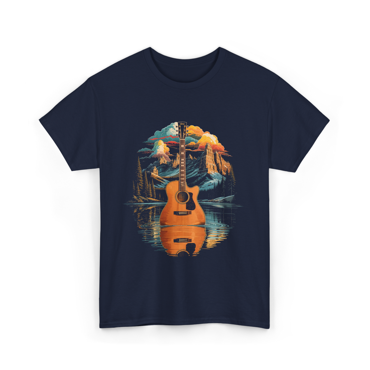 Acoustic Guitar Lake Landscape Guitar T-Shirt - Navy