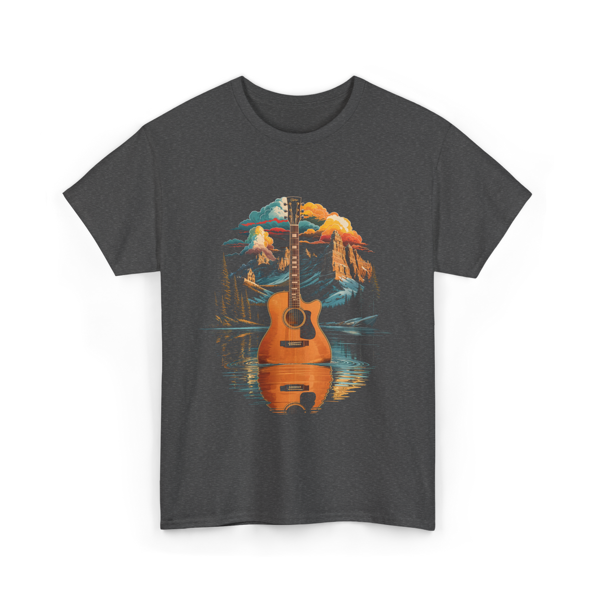 Acoustic Guitar Lake Landscape Guitar T-Shirt - Dark Heather