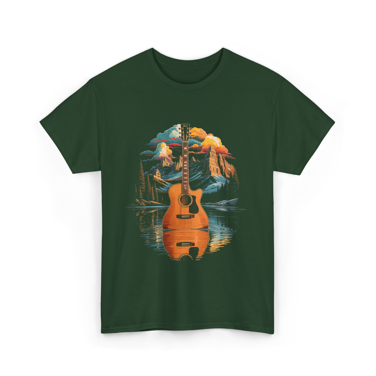Acoustic Guitar Lake Landscape Guitar T-Shirt - Forest Green