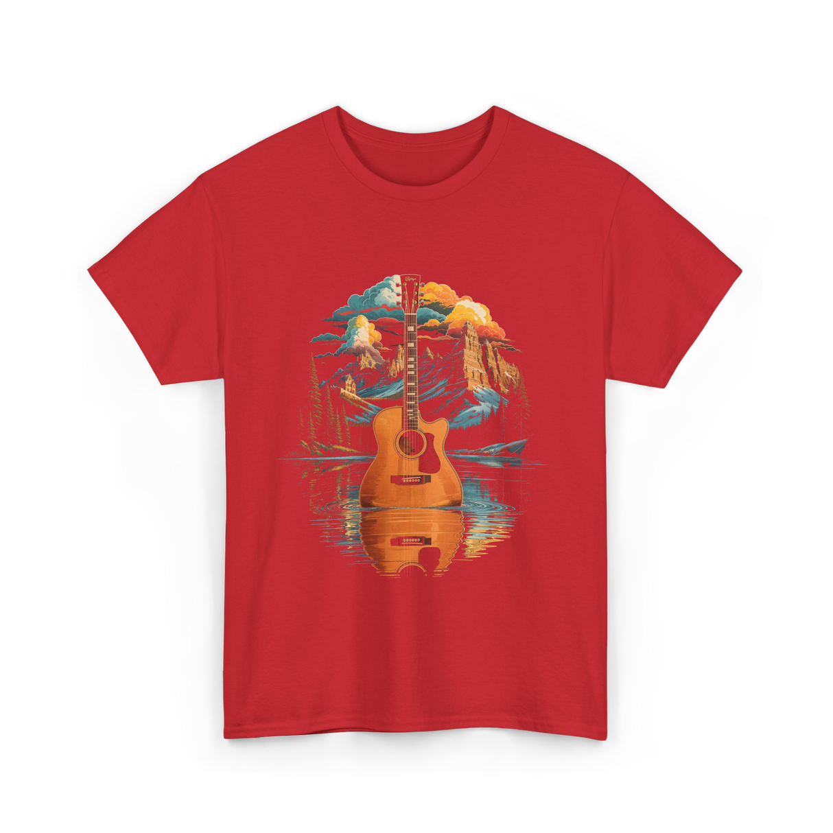 Acoustic Guitar Lake Landscape Guitar T-Shirt - Red