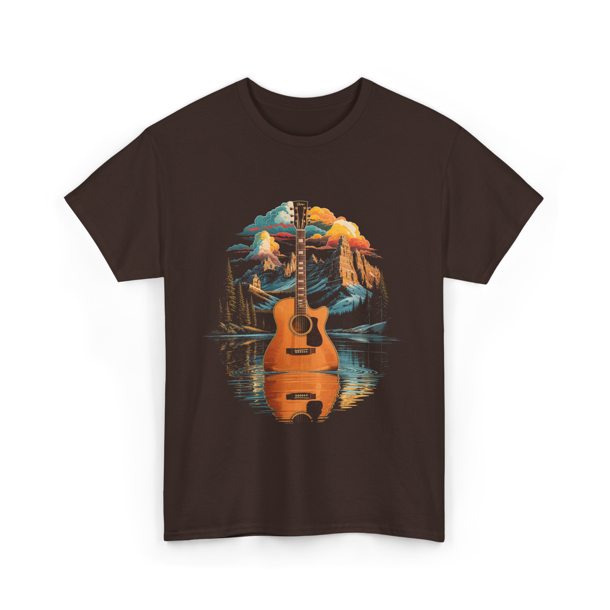 Acoustic Guitar Lake Landscape Guitar T-Shirt - Dark Chocolate