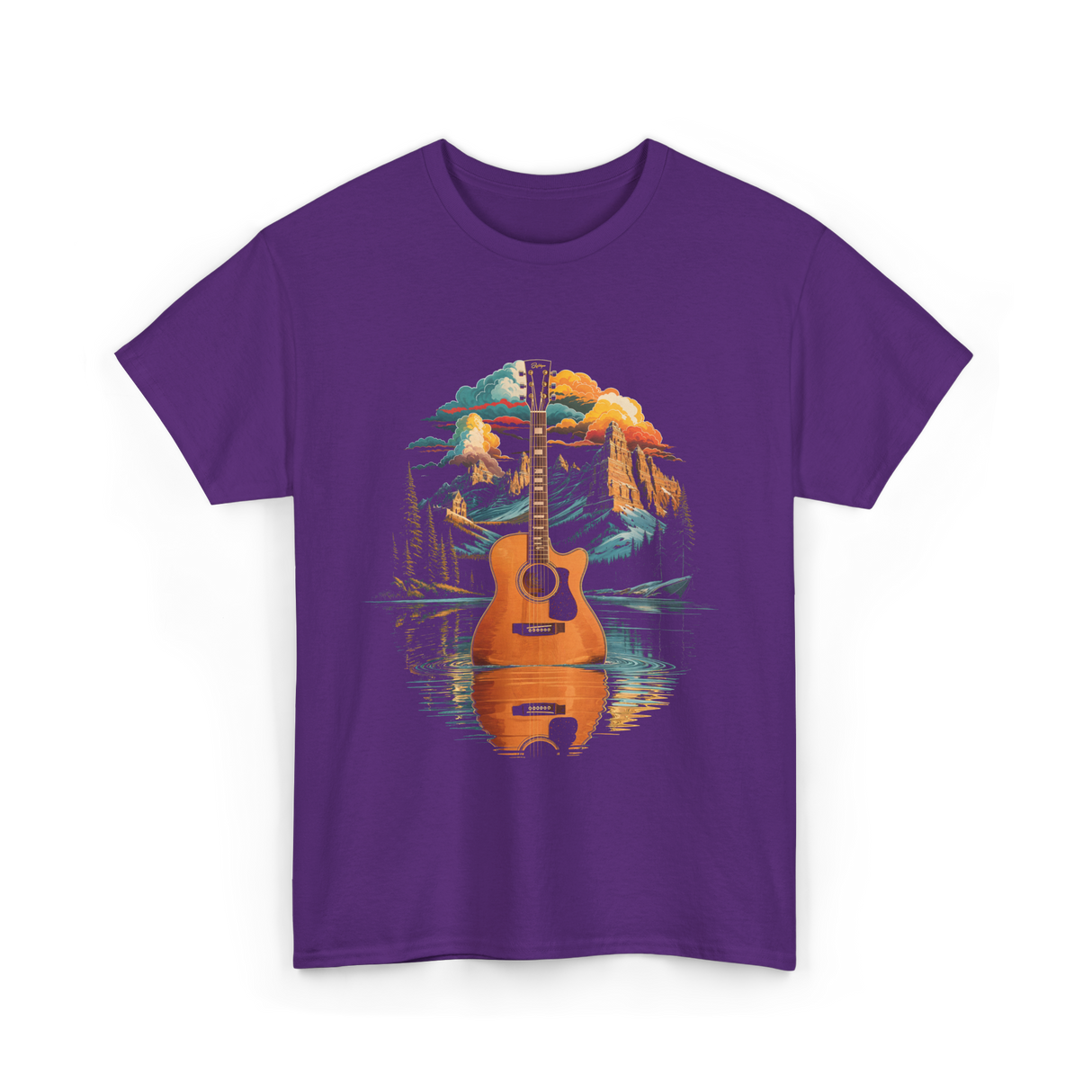 Acoustic Guitar Lake Landscape Guitar T-Shirt - Purple