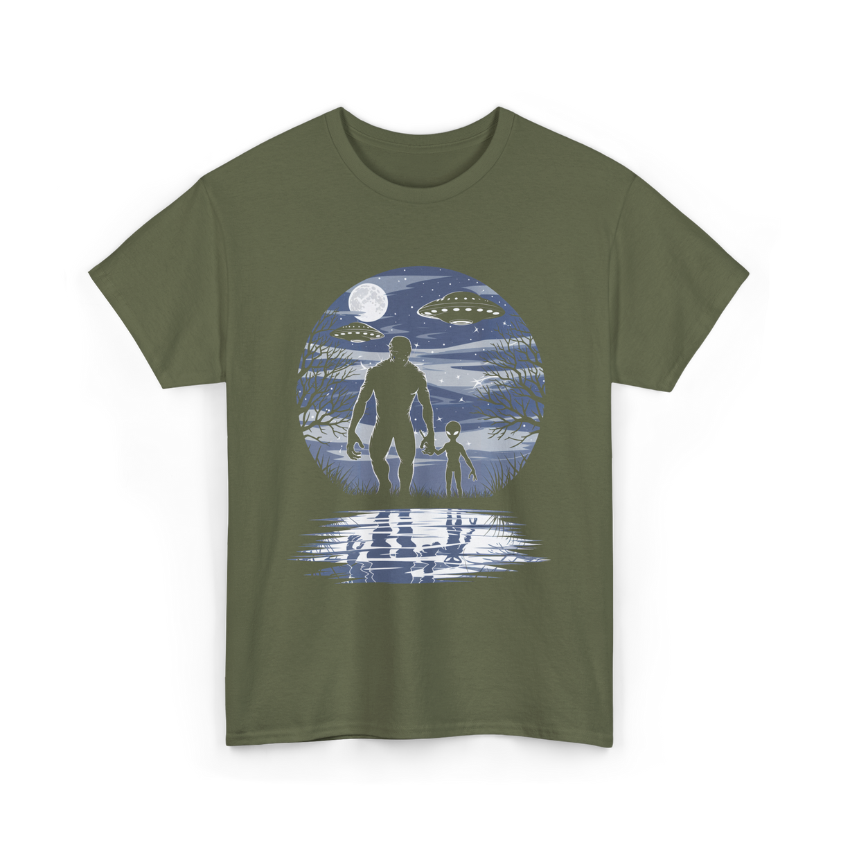 Alien Bigfoot Moon Sasquatch T-Shirt - Military Green