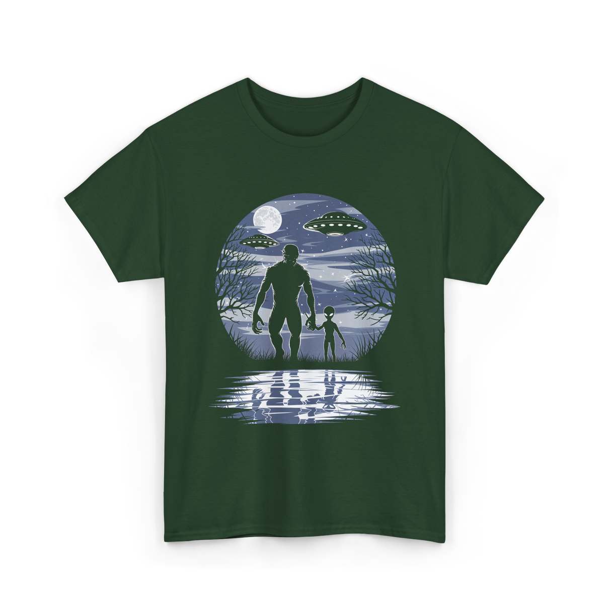 Alien Bigfoot Moon Sasquatch T-Shirt - Forest Green