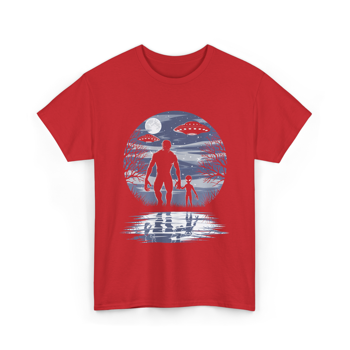 Alien Bigfoot Moon Sasquatch T-Shirt - Red