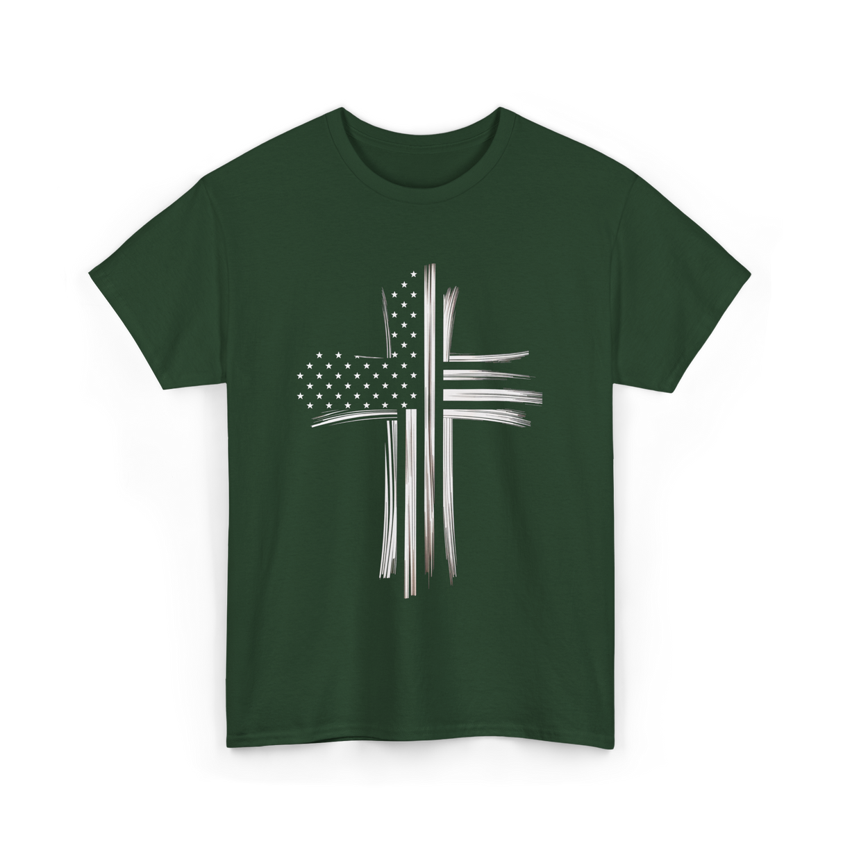 American Flag Christian Cross Patriotic T-Shirt - Forest Green