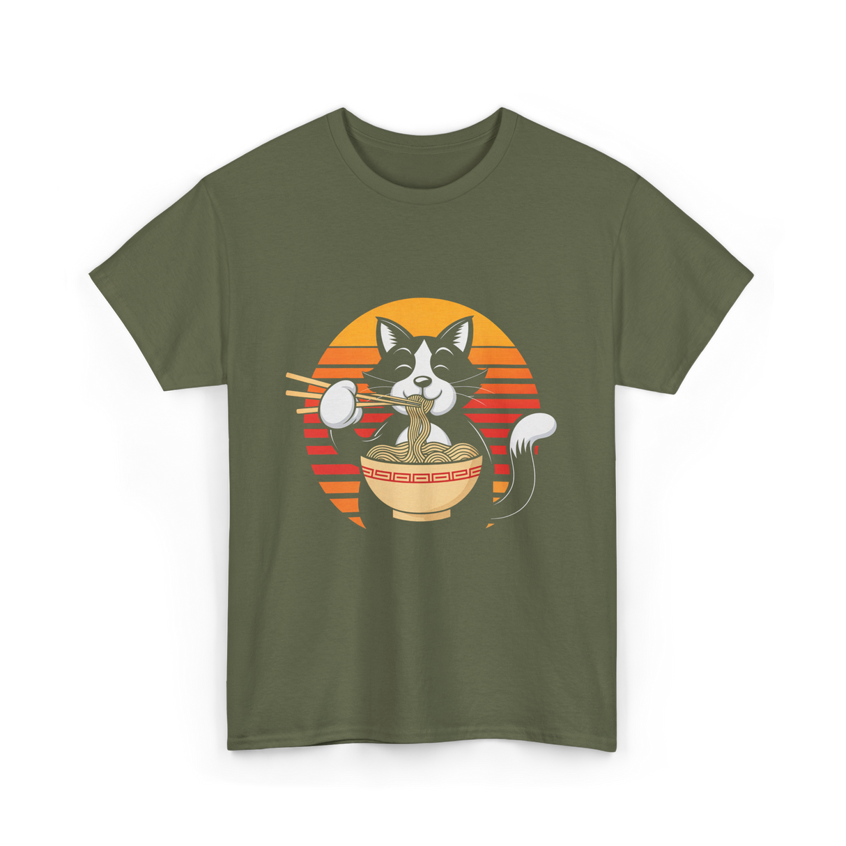 Anime Ramen Cat Kawaii Noodles T-Shirt - Military Green