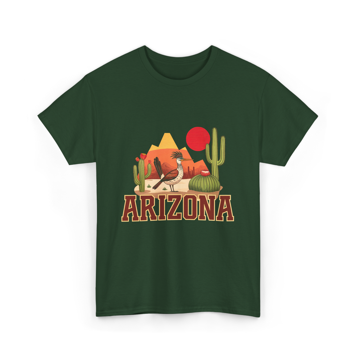 Arizona Roadrunner Desert Cactus T-Shirt - Forest Green