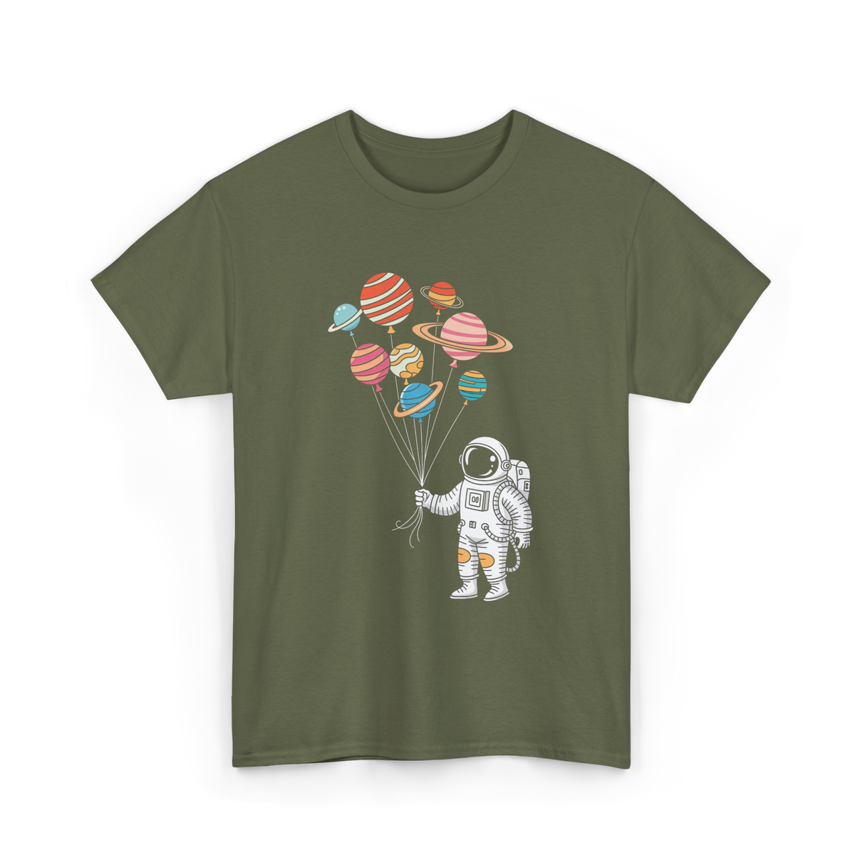 Astronaut Planets Balloons Space T-Shirt - Military Green