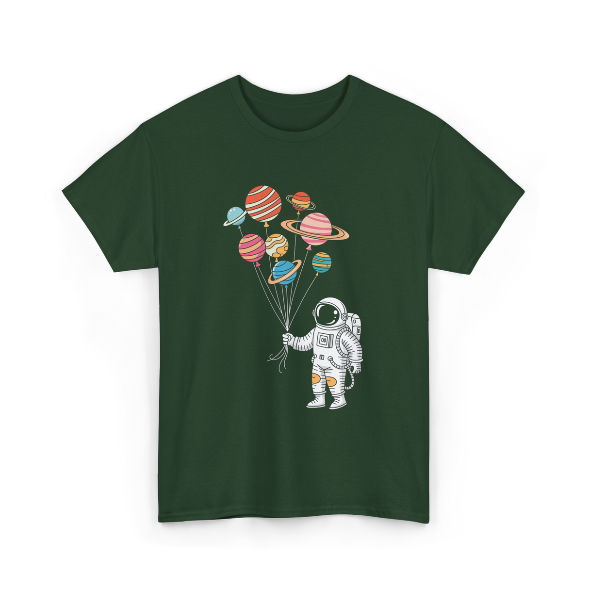 Astronaut Planets Balloons Space T-Shirt - Forest Green
