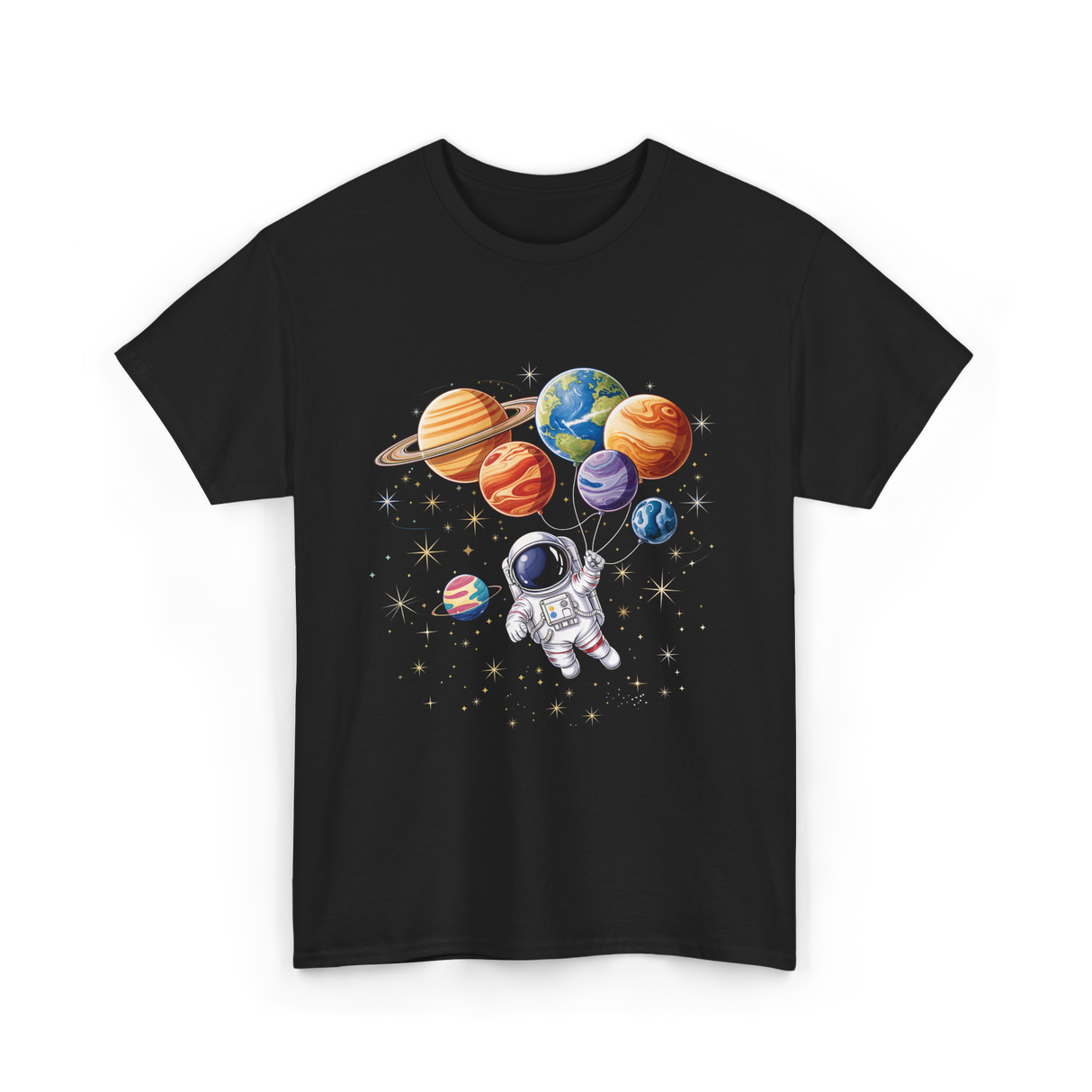 Astronaut with Planets Space T-Shirt - Black