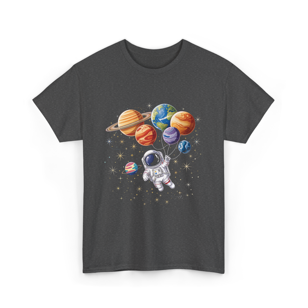 Astronaut with Planets Space T-Shirt - Dark Heather