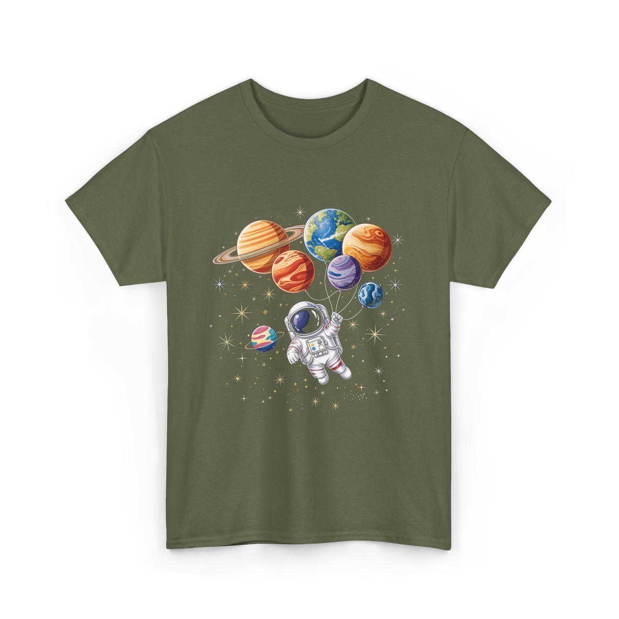 Astronaut with Planets Space T-Shirt - Military Green