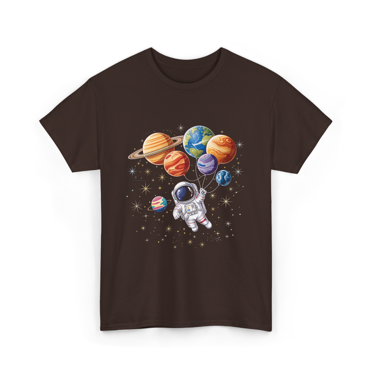 Astronaut with Planets Space T-Shirt - Dark Chocolate