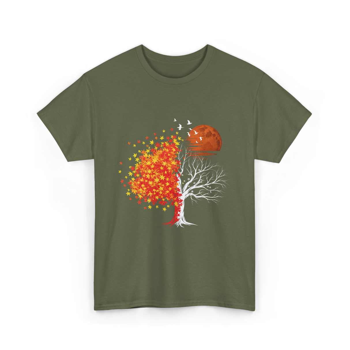 Autumn Tree Moon Nature Outdoor T-Shirt - Military Green
