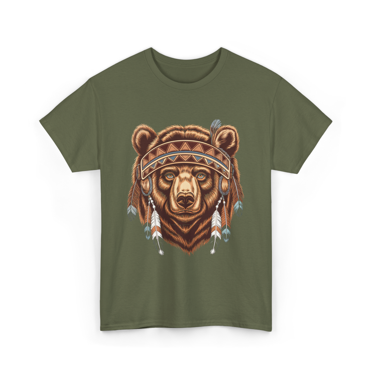 Bear Head Native American Art T-Shirt - Military Green