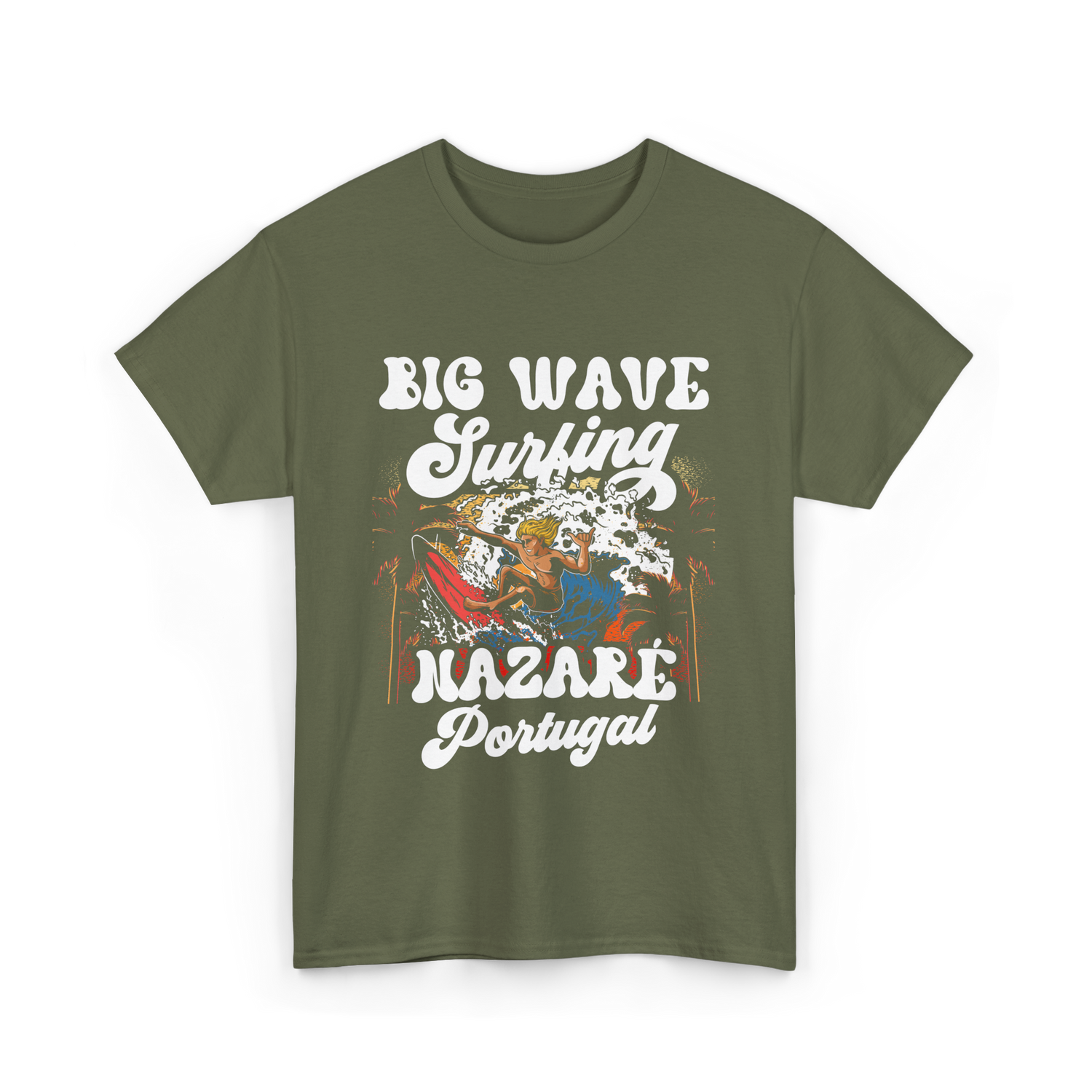 Big Wave Surfing Nazaré Portugal Surfer T-Shirt - Military Green