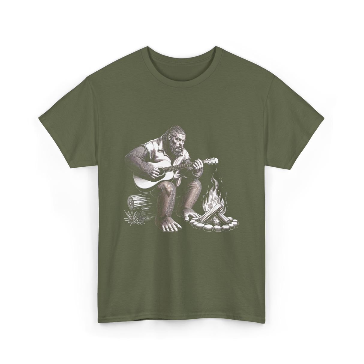Bigfoot Playing Guitar Sasquatch T-Shirt - Military Green