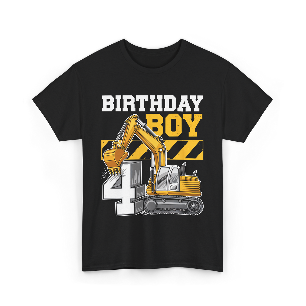 Birthday Boy 4th Excavator Construction T-Shirt - Black
