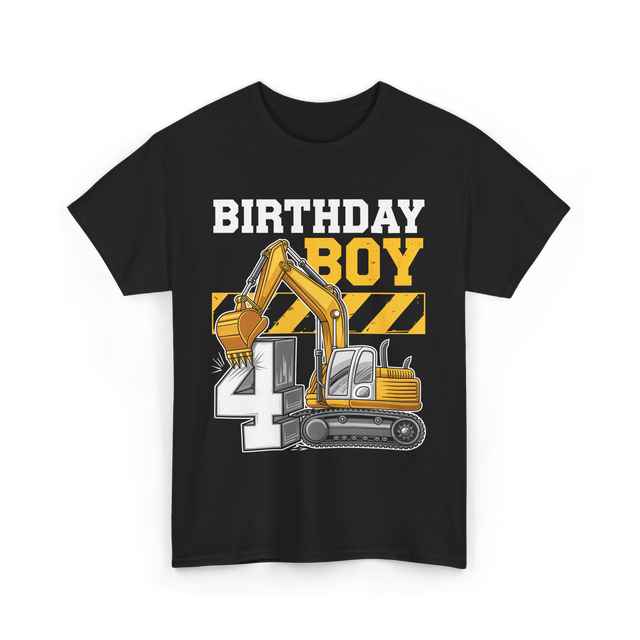 Birthday Boy 4th Excavator Construction T-Shirt - Black