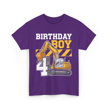 Birthday Boy 4th Excavator Construction T-Shirt - Purple