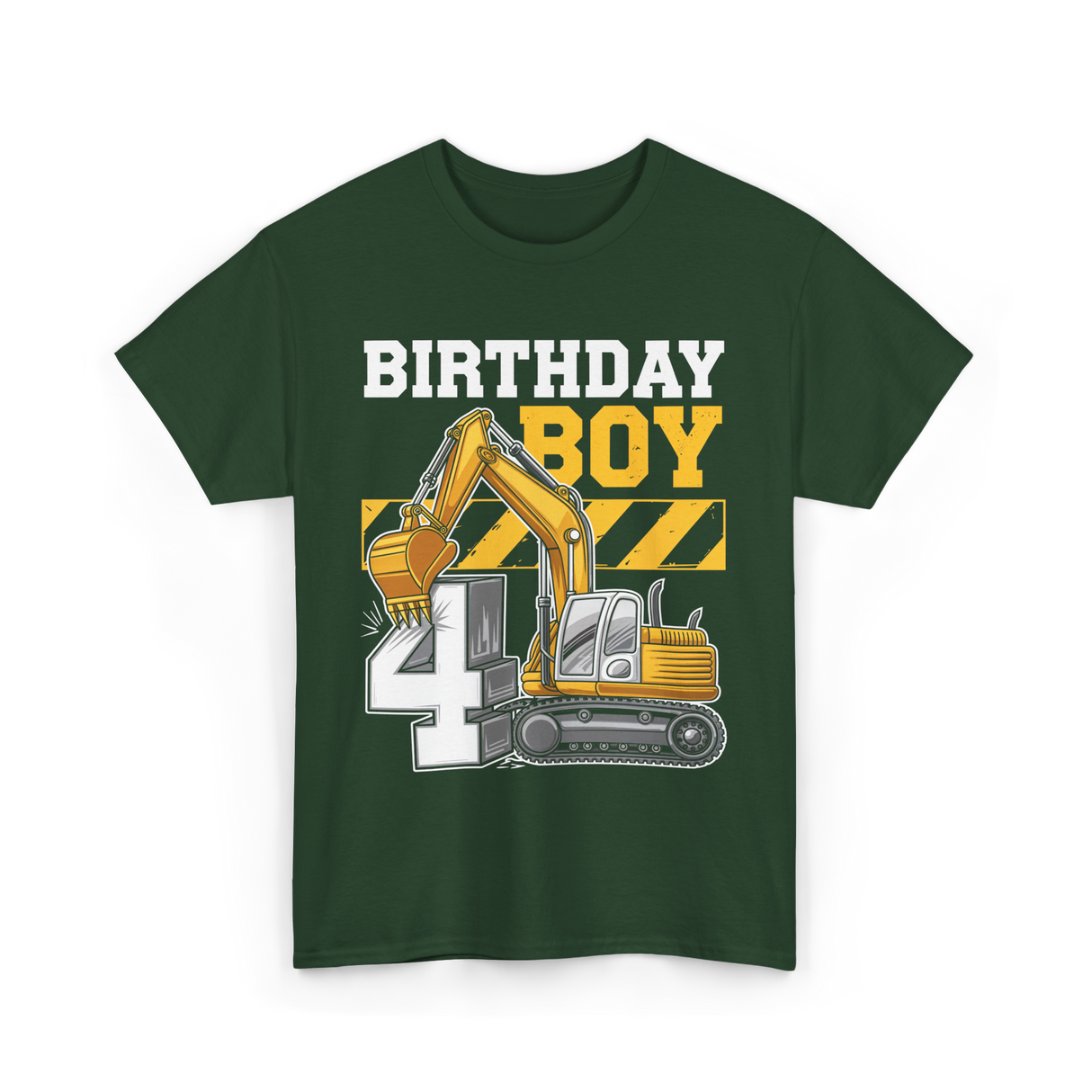 Birthday Boy 4th Excavator Construction T-Shirt - Forest Green