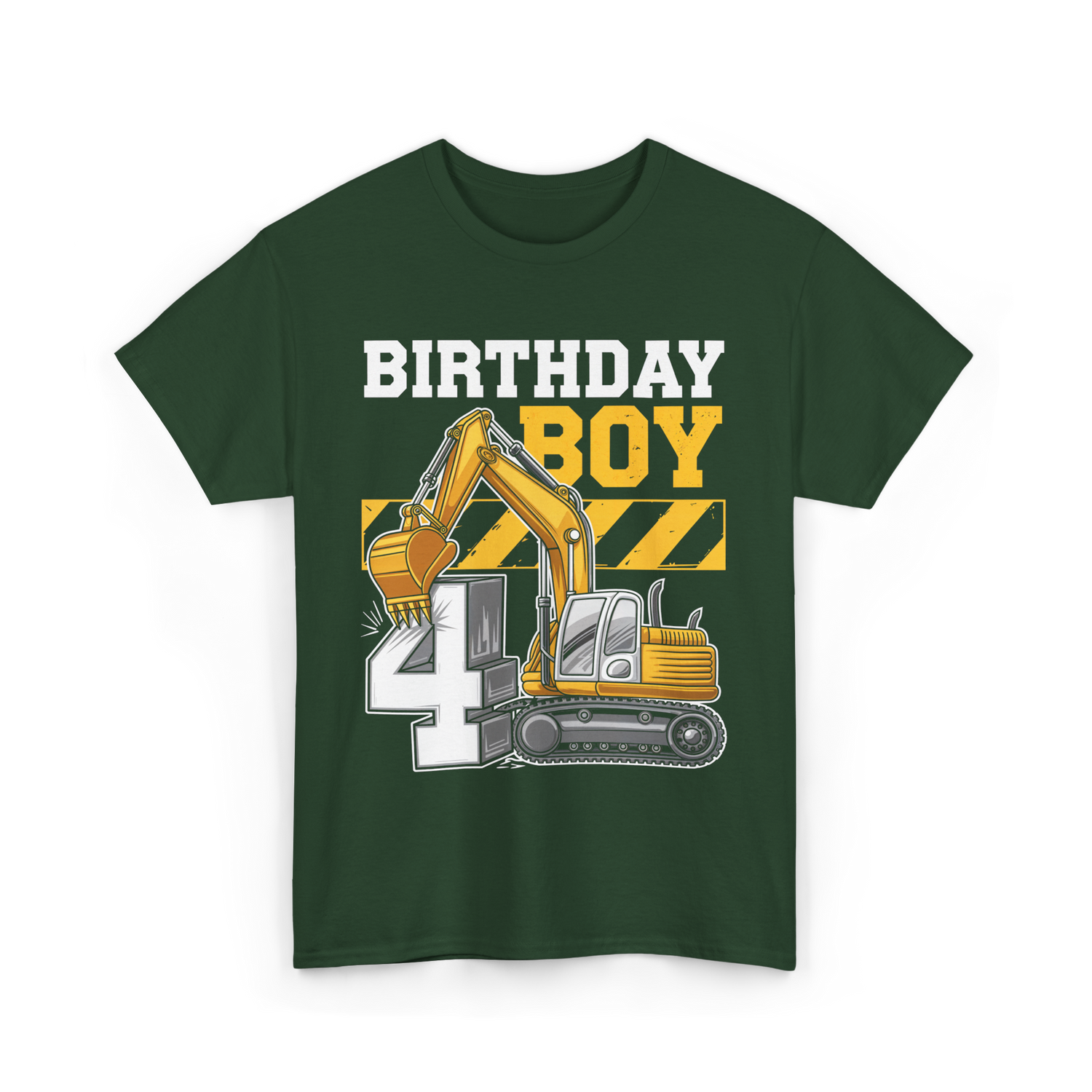Birthday Boy 4th Excavator Construction T-Shirt - Forest Green