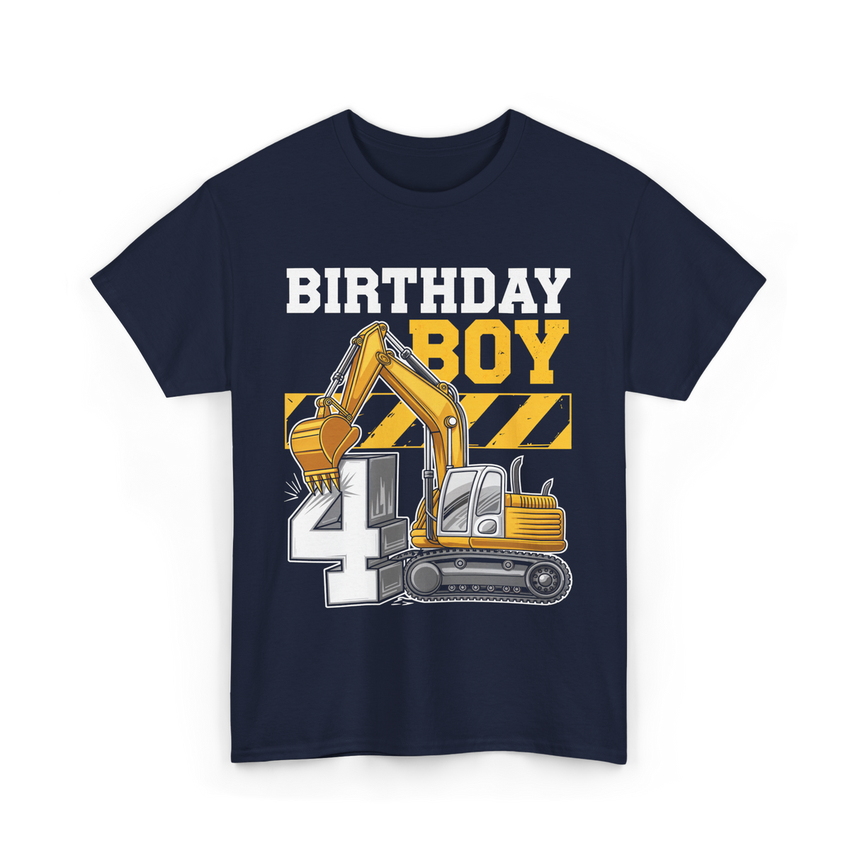 Birthday Boy 4th Excavator Construction T-Shirt - Navy