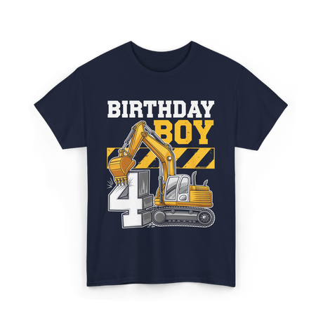 Birthday Boy 4th Excavator Construction T-Shirt - Navy
