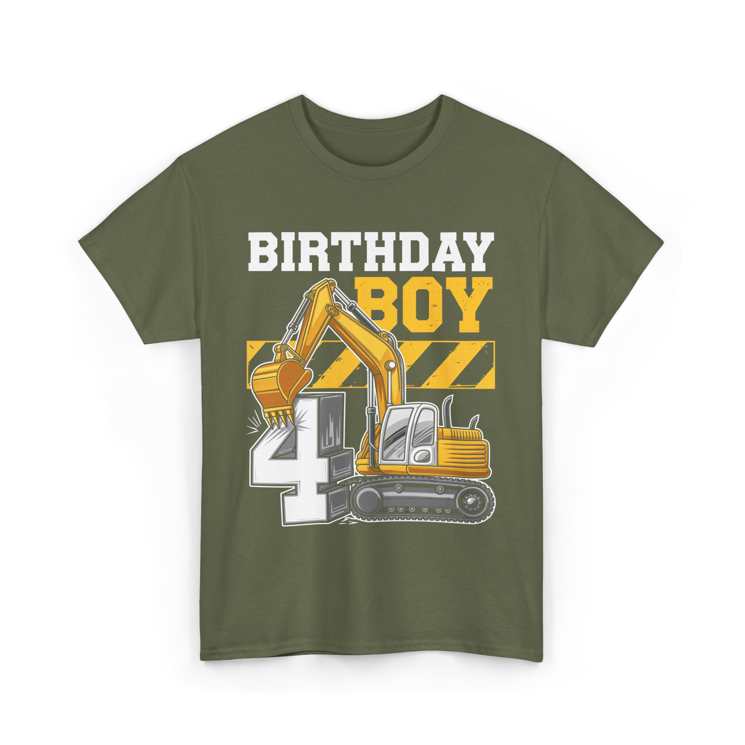 Birthday Boy 4th Excavator Construction T-Shirt - Military Green