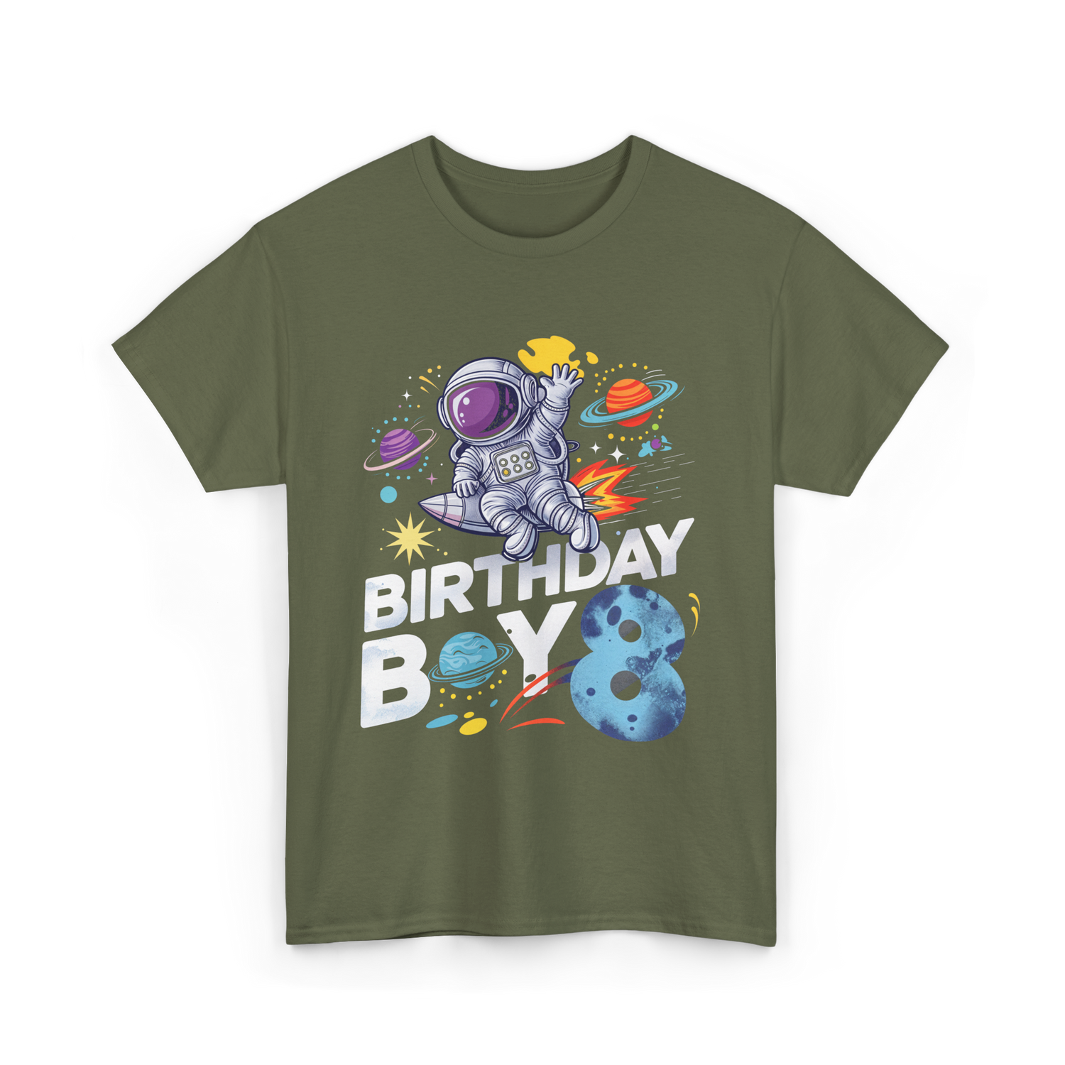 Birthday Boy 8 Space Explorer T-Shirt - Military Green