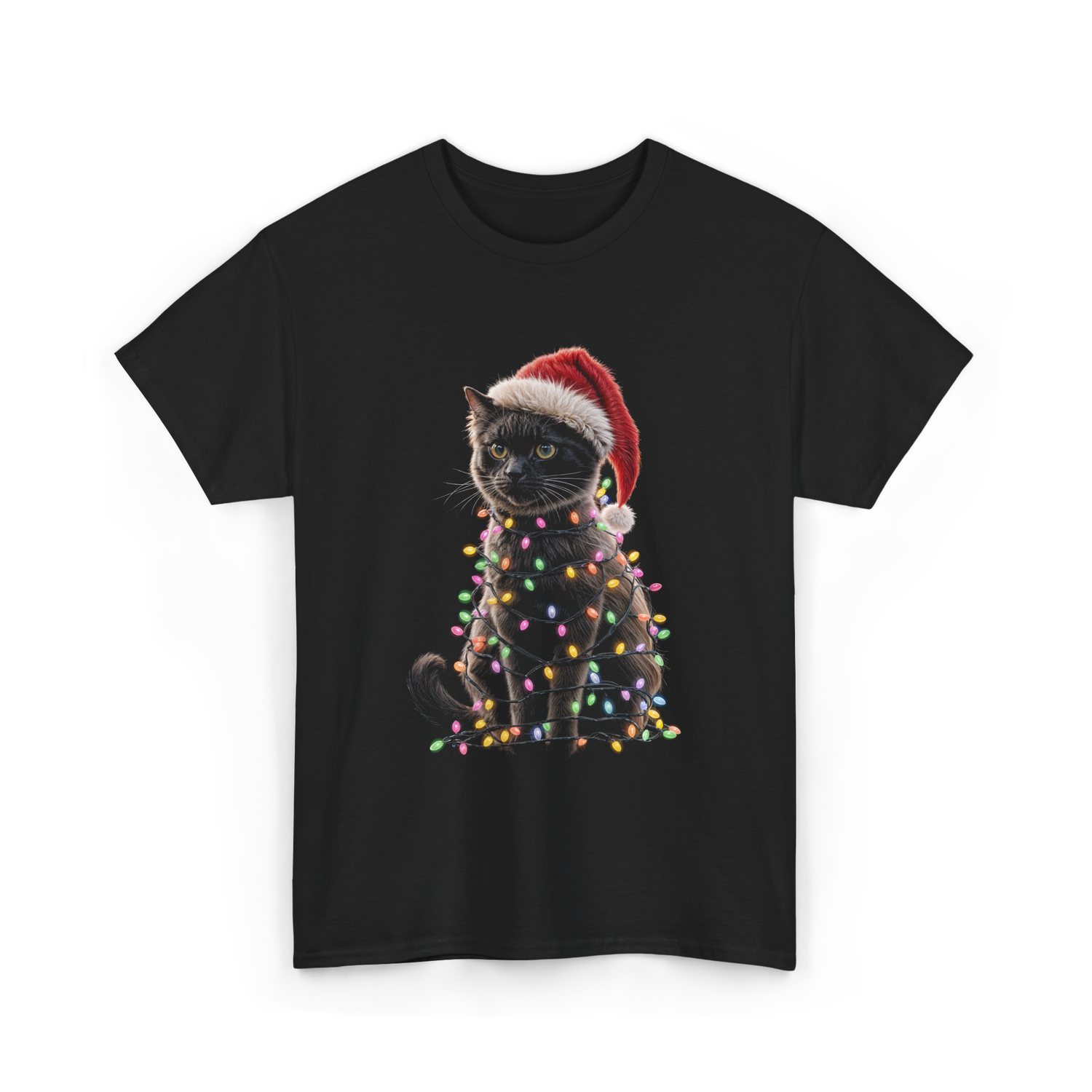Black Cat Christmas Cat Lights T-Shirt - Black