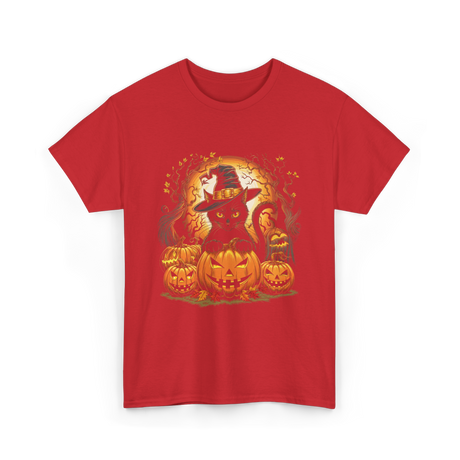 Black Cat Halloween Pumpkin Cat T-Shirt - Red