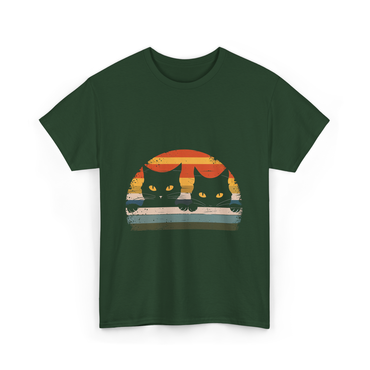 Black Cat Retro Cats Cat Lover T-Shirt - Forest Green