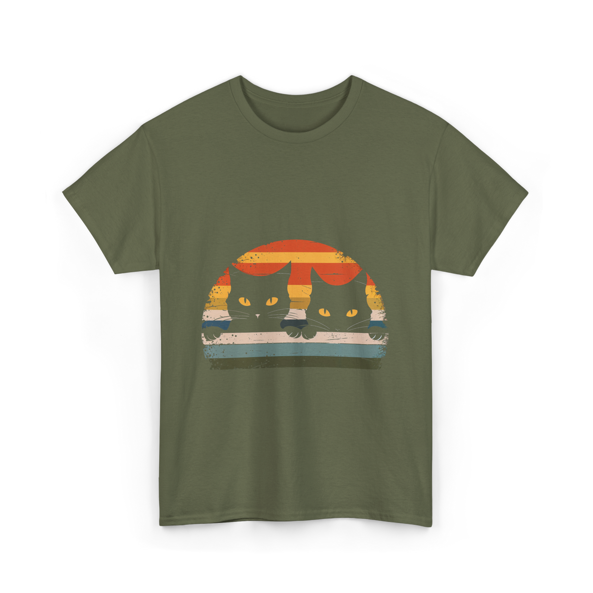 Black Cat Retro Cats Cat Lover T-Shirt - Military Green