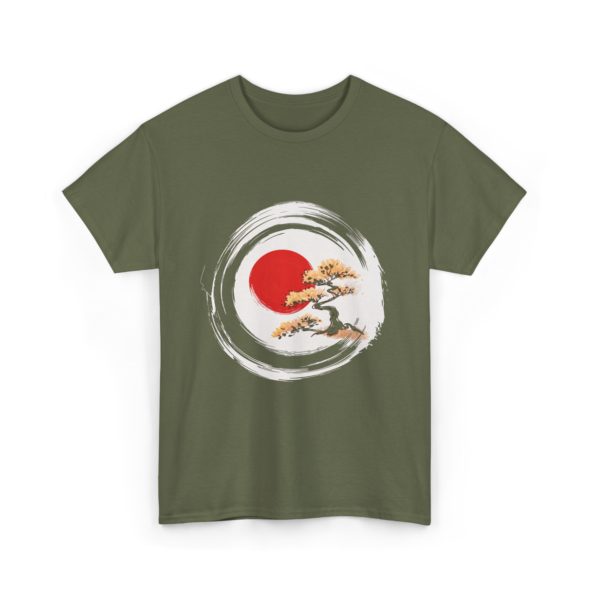 Bonsai Tree Zen Circle Art T-Shirt - Military Green