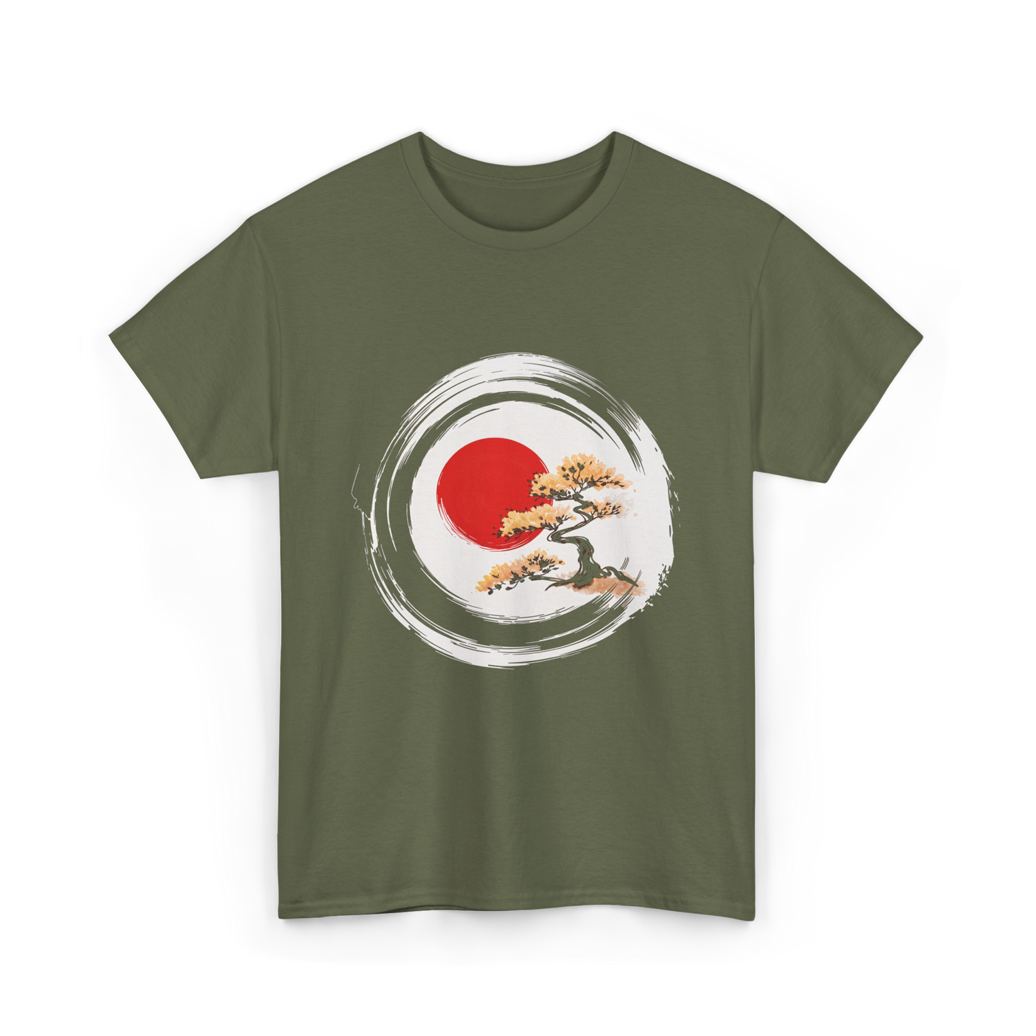 Bonsai Tree Zen Circle Art T-Shirt - Military Green