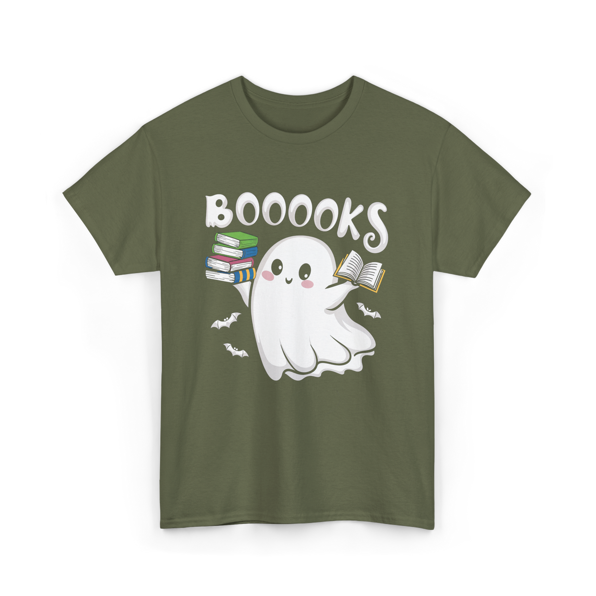 Booooks Ghost Books Reader T-Shirt - Military Green