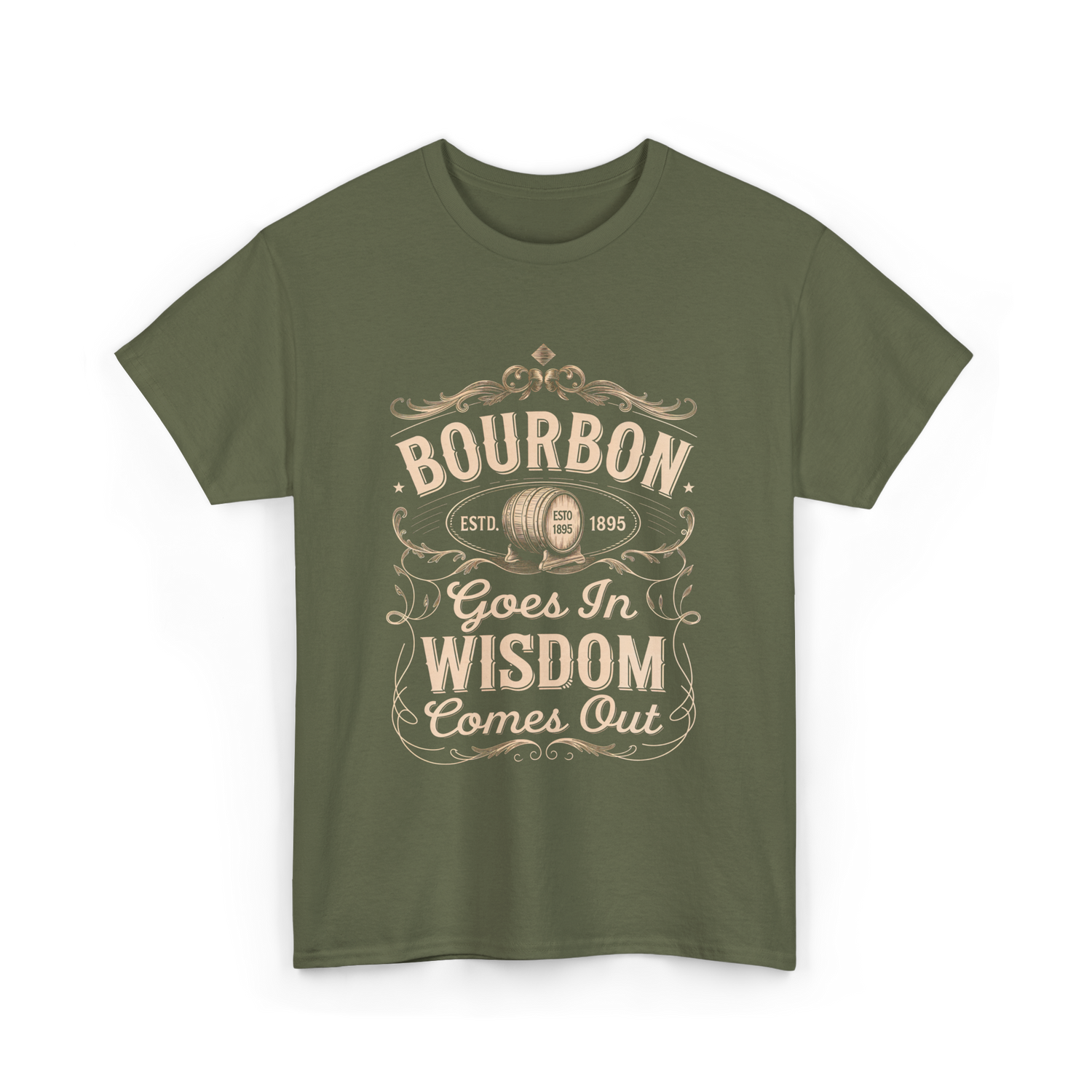 Bourbon Goes In Wisdom Comes Out Whiskey T-Shirt - Military Green