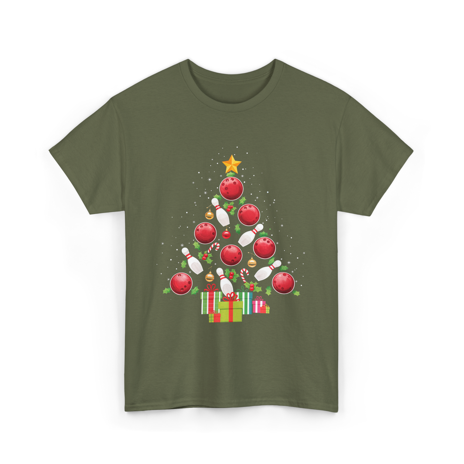 Bowling Christmas Tree Bowling T-Shirt - Military Green