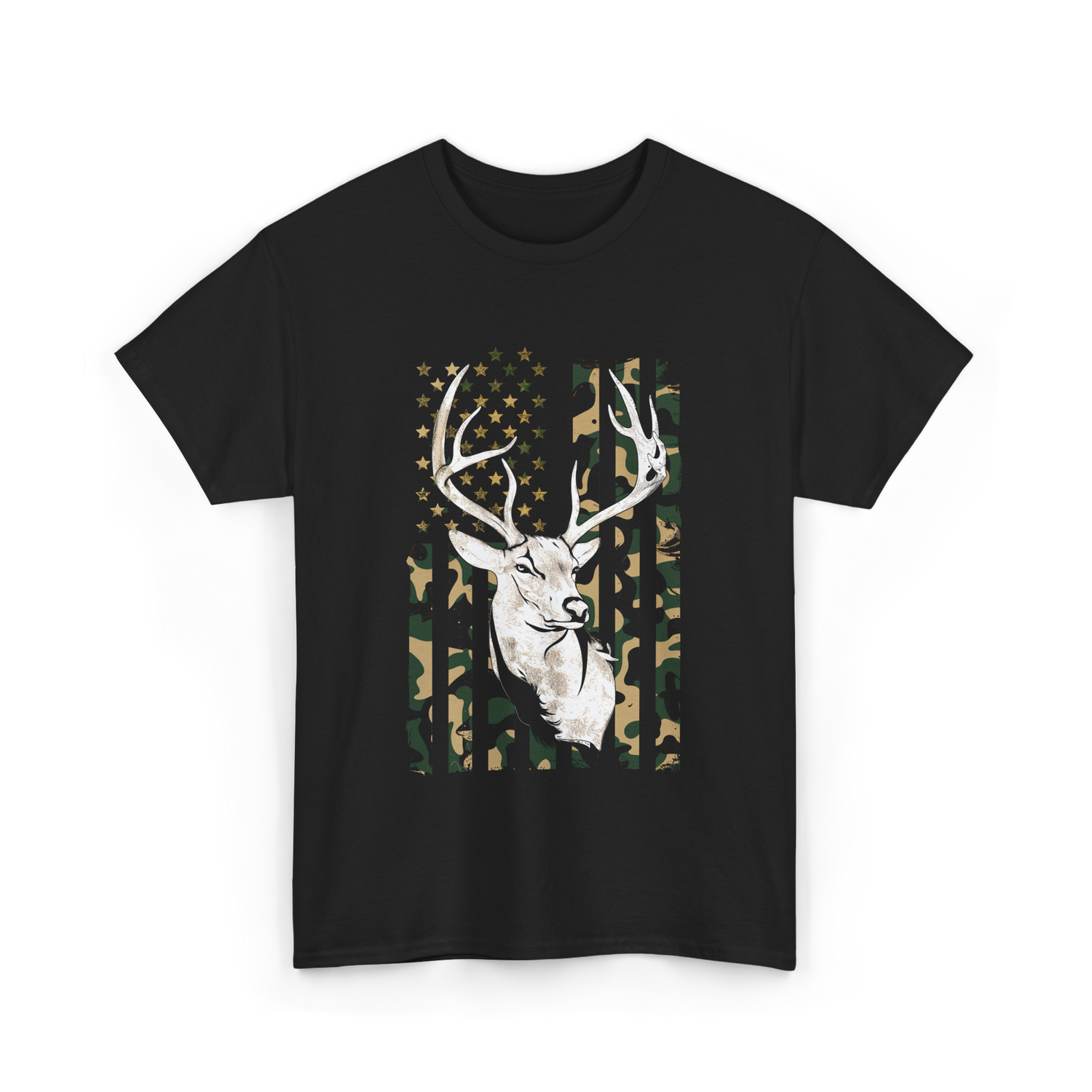 Buck Deer Hunting USA Camouflage T-Shirt - Black