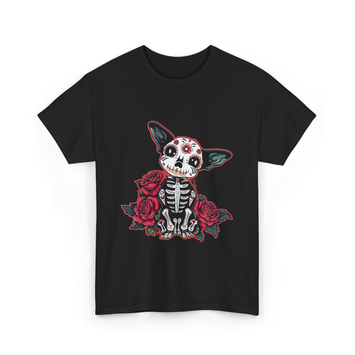 Calavera Chihuahua Skeleton Dog Roses T-Shirt - Black