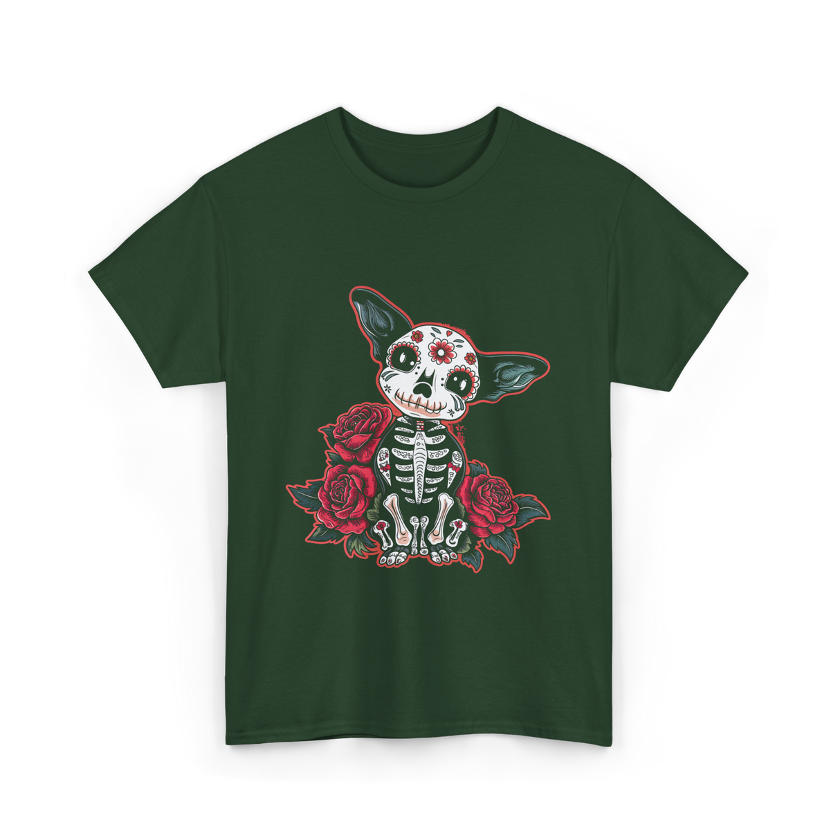 Calavera Chihuahua Skeleton Dog Roses T-Shirt - Forest Green