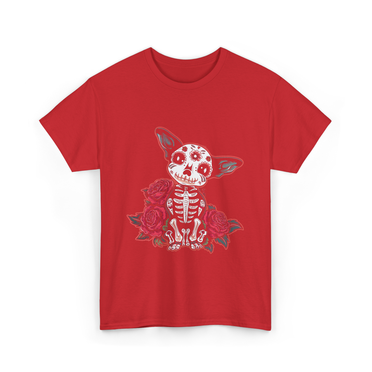Calavera Chihuahua Skeleton Dog Roses T-Shirt - Red