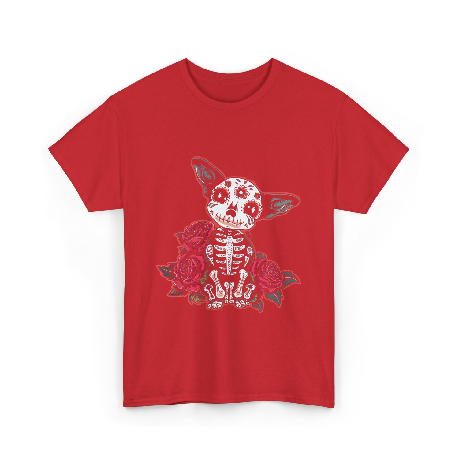 Calavera Chihuahua Skeleton Dog Roses T-Shirt - Red