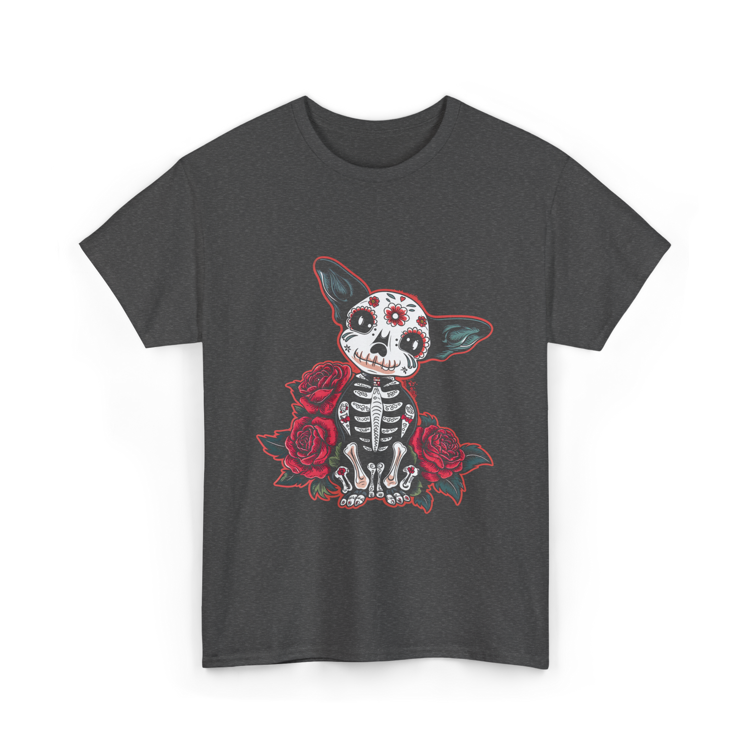 Calavera Chihuahua Skeleton Dog Roses T-Shirt - Dark Heather